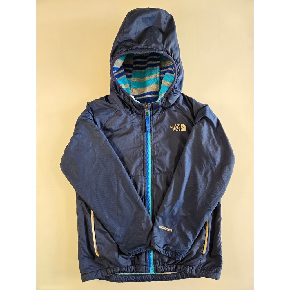 The North Face Kids WindWall Reversible Hooded Jacket Navy Blue Striped Fleece